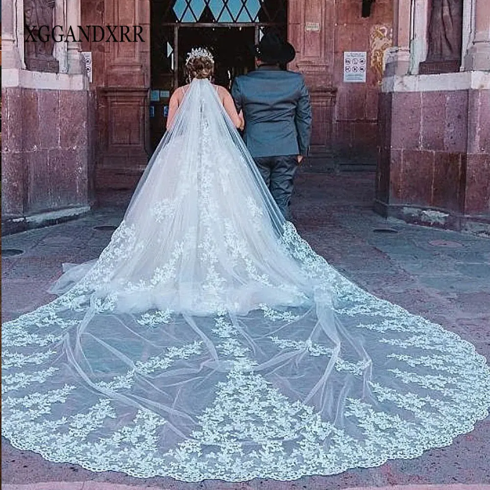 

4 Meters Long Wedding Bridal Veils Lace Appiques Edge 1 T Tulle Cathedral Veil with Comb Ivory Luxury Velo de Novia Voih Comb