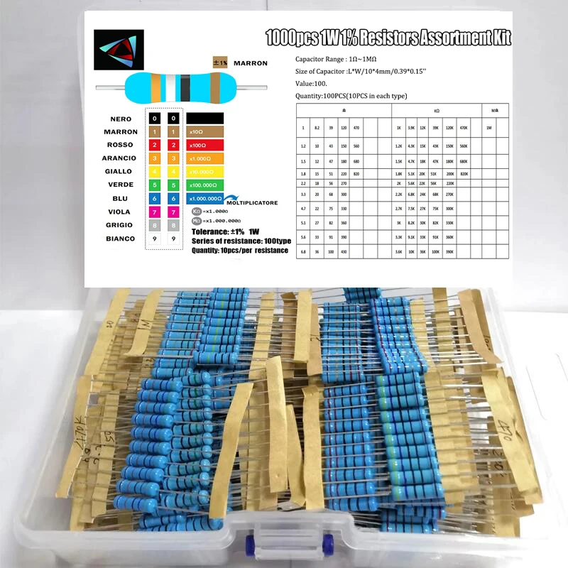 

1000Pcs 100Values Each 10Pcs Metal Film Resistor 1% 1W Assorted Kit (1 ohm~ 1M ohm Capacitor Range ) Hot Sale