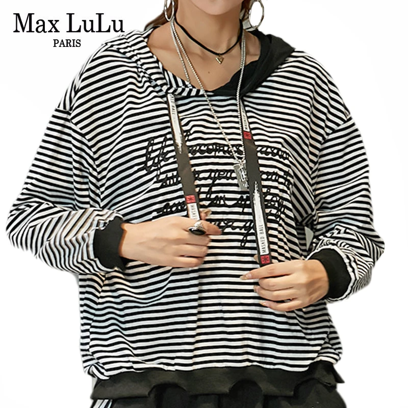 Max LuLu Осенняя Корейская Роскошная Модная стильная женская одежда в стиле панк, женские полосатые толстовки с капюшоном, повседневные женские толстовки для фитнеса
