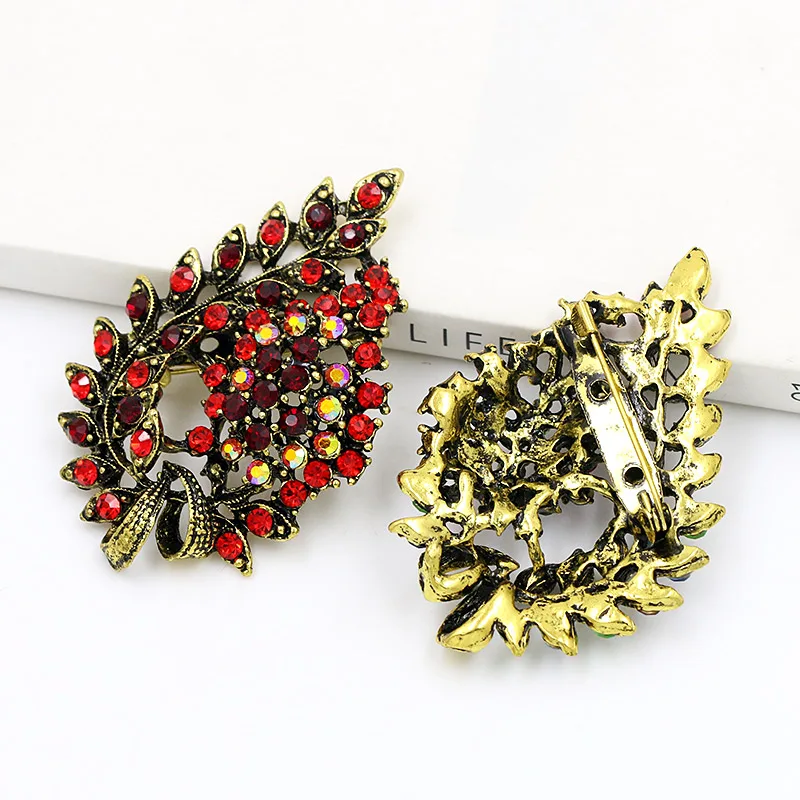 

baiduqiandu Assorted Colors Red Coffee Blue and Purple Crystal Rhinestones Flower Leaf Brooch Pins in Antique Gold Color Plated