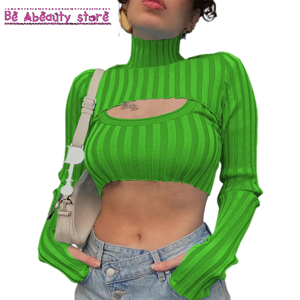 

Autumn Fashion Turtleneck Women Slim Tops Y2k Vest 2 Pieces Long Sleeve Cropped Tops T-Shirts Y2k Striped Knitted Tees