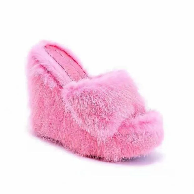 

2022 New Fur Slippers Flat Wedge Heel Slippers Women High-heeled Furry Drag Fashion Outdoor Shoes Slippers Fur Slides Autumn