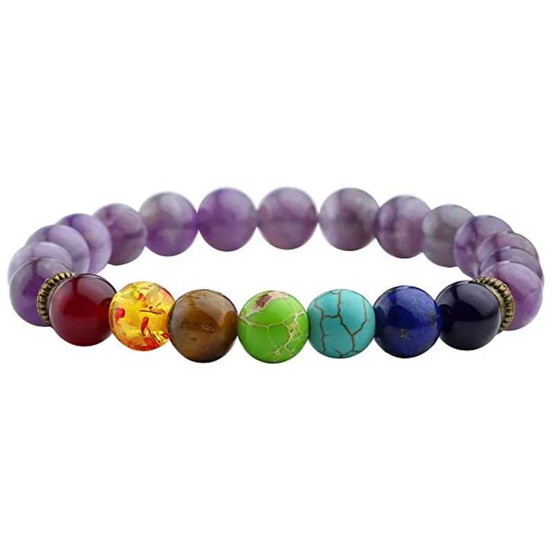 light purple 7 Чакра тигровый глаз бисерный браслет унисекс Рождественский подарок на год мала 108 Будда исцеляющий человек камень бисерный браслет - Окраска металла: light purple