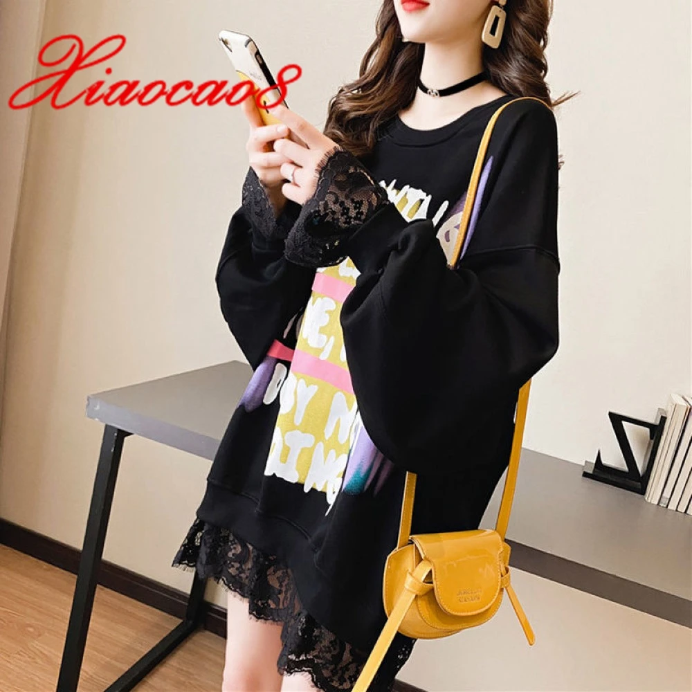 

Женский свитер с кружевом, свободные толстовки в Корейском стиле, повседневный Топ с длинным рукавом и надписью, пуловеры, женская одежда на...