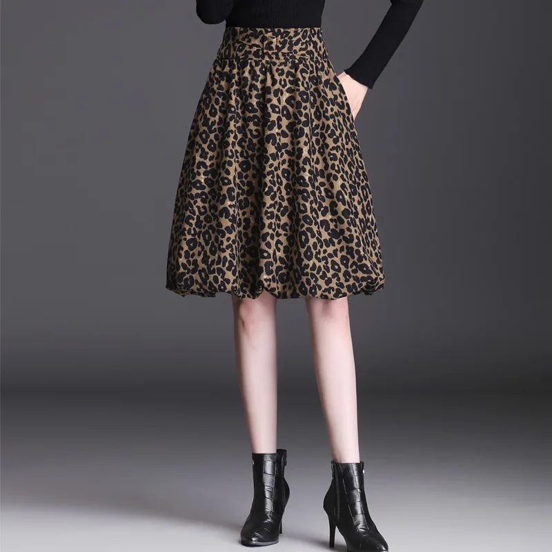 

Fashion Leopard Elastic High Waist A-line Skirt Autumn Winter Women Vintage Elegant Loose Casual Knee-length Lantern Skirts 1869