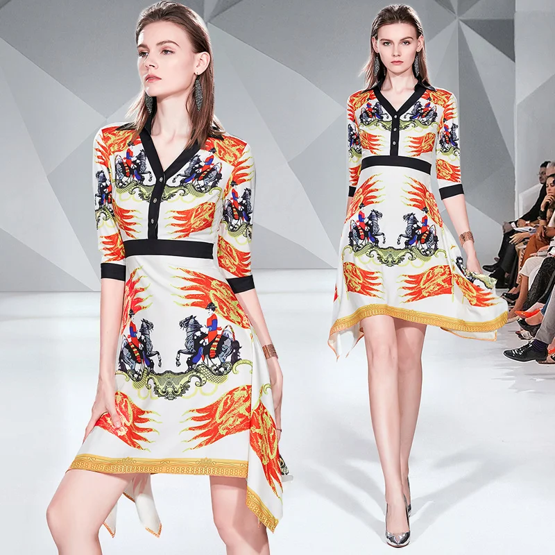 

New Famous Yuanqiangshu Seven-sleeve V-collar Shirt Printed Splice Dress