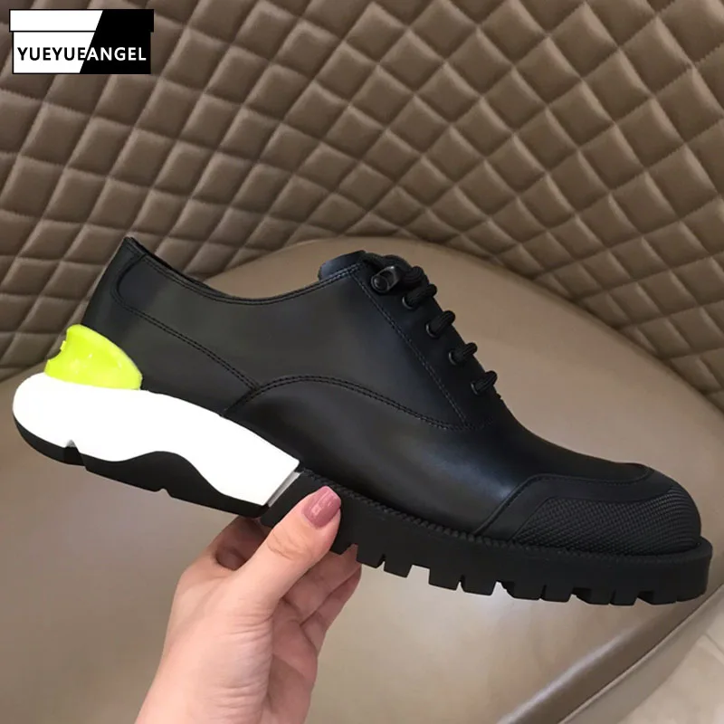 

British Mens Business Formal Genuine Leather Shoes Designer Brand Lace Up Thick Bottom Round Toe Men Cowhide Wedding Dress Shoes