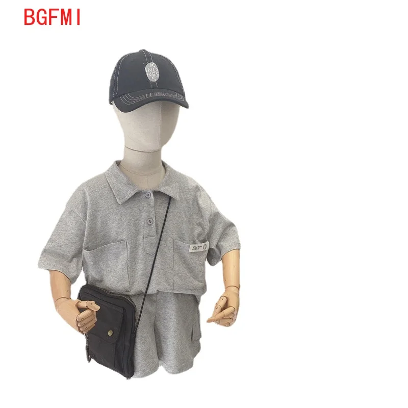 

2-7T Baby Kids Lapel Pullover Gray Boy Summer Cotton Suit Children Boys Short-sleeved Polo Shirt + Overalls 2pcs Sets Outfits