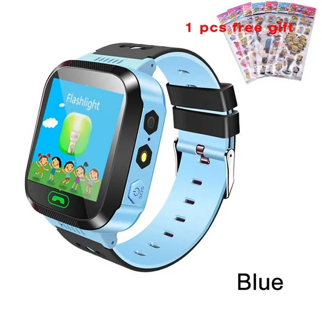Blue with sticker Q02 Детские умные часы с камерой и подсветкой, Детские часы с сенсорным экраном, SOS Вызов, LBS, отслеживание местоположения, Детские умные часы - Цвет: Blue with sticker