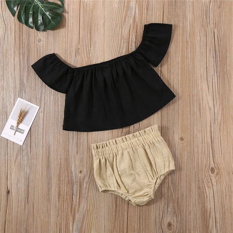 

2Pcs Infant Baby Girl Clothes Set Newborn Baby Girl Solid Off Shoulder Short Sleeve Black Tops and Shorts Outfits Set for Summer