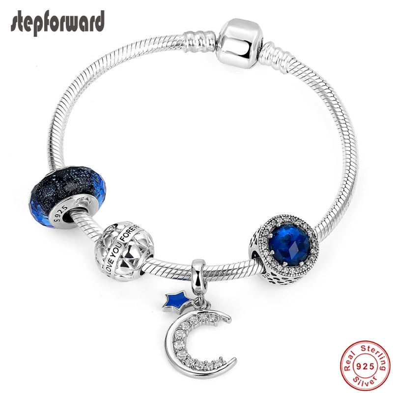 

STEP FORWARD 100% 925 Sterling Silver Moon Charms Bracelet Bangle for Women Silver Jewelry Blue Charm Bangles As Gift