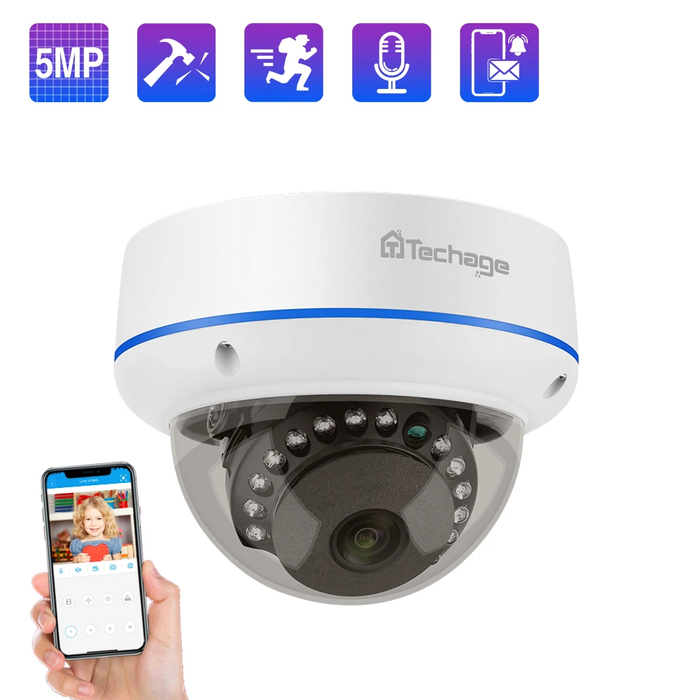 Камера видеонаблюдения Techage купольная IP камера 5 Мп с питанием по Ethernet 48 В для