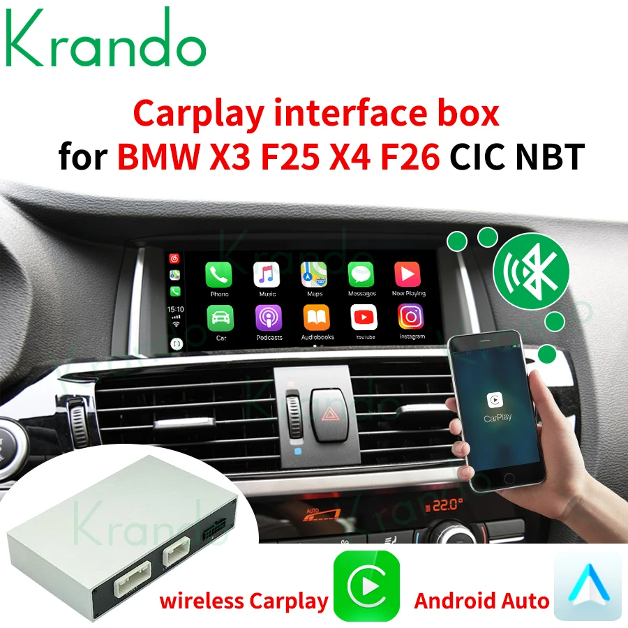 

Krando Wireless Apple CarPlay Android Auto Interface Box For BMW X3 F25 X4 F26 G01 G02 CIC NBT EVO 2011-2020 Siri Control Module