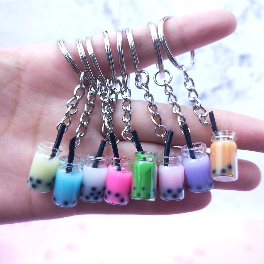 Acrylic Cute Keychain Ice Cream Pearl Milk Tea Drink Bottle Keyring Bag Pendant Couples Women Men Girl Gift Trinket Dropshipping