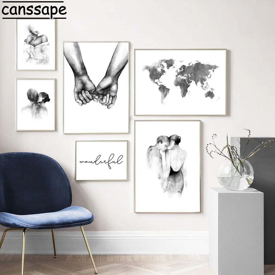 

Black And White Canvas Painting Ink Lovers Wall Art Prints Hand In Hand Art Posters Map Print Wall Picture For Living Room Decor
