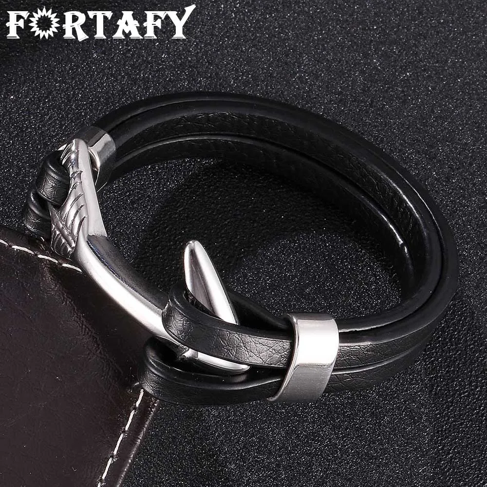 

FORTAFY Vintage Anchor Leather Bracelet Men Jewelry Double Layer Wrap Bracelets Stainless Steel Easy Hook Buckle Male FRPW776
