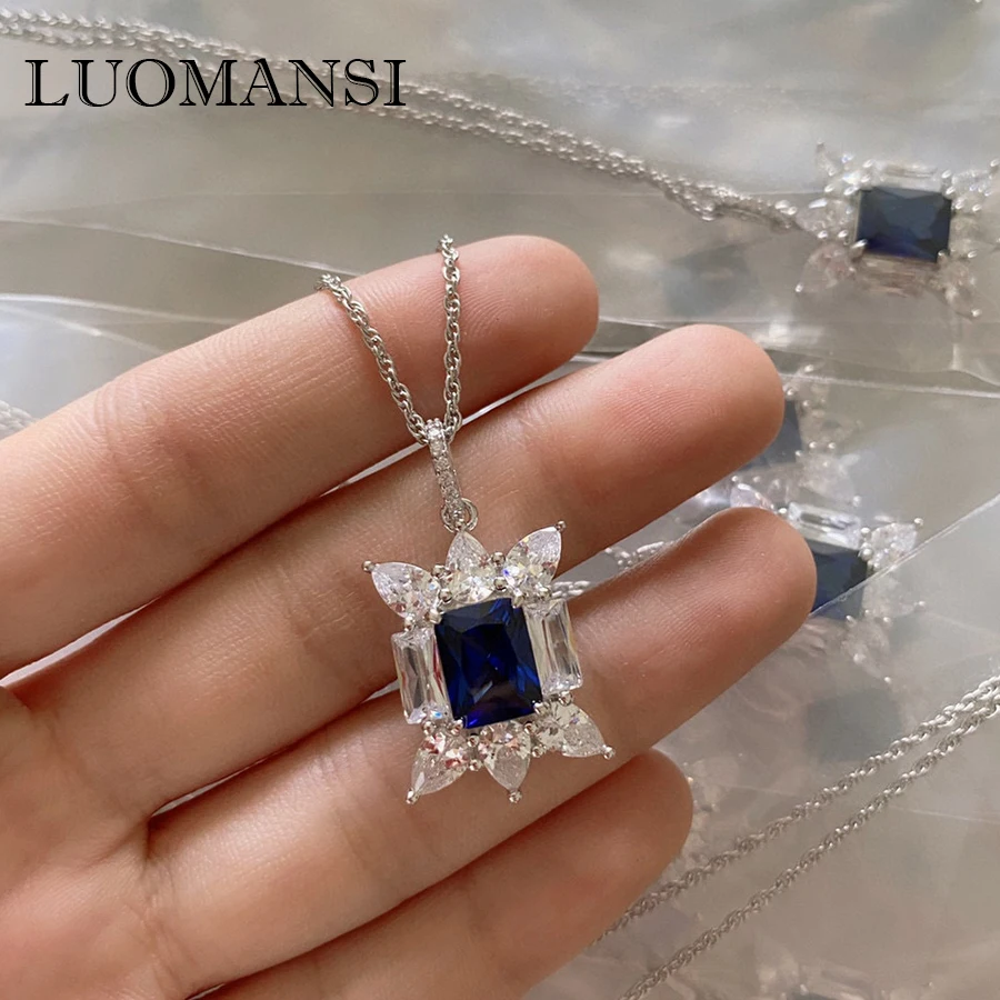 

Luomansi, новое ожерелье из серебра 100% пробы с сапфиром и бриллиантами, роскошное Ювелирное Украшение для вечеринки, свадьбы, помолвки, пожилых ...