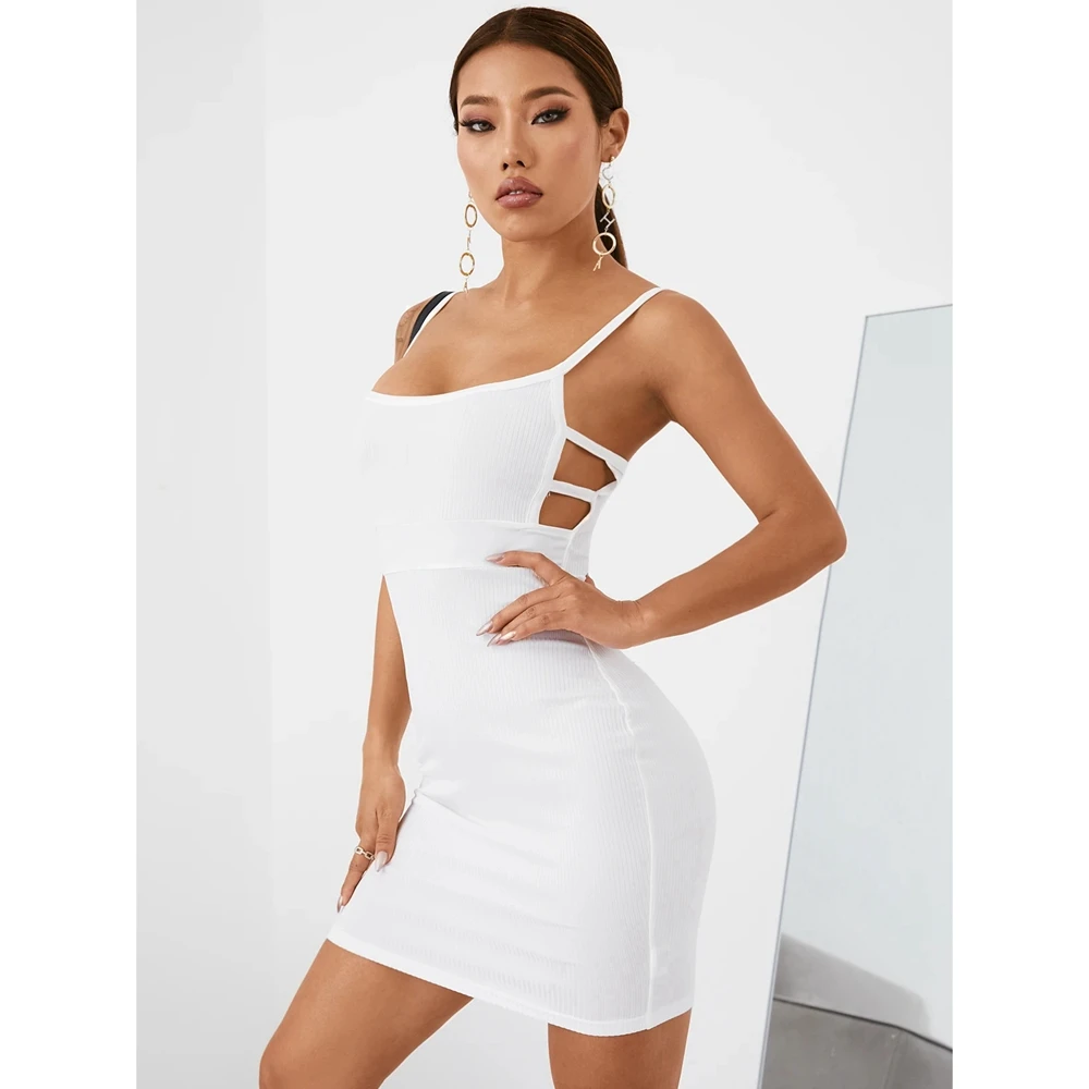 

Women Close-fitting Sexy Slip Striped Dress Solid Color U-shaped Collar Sleeveless Side Hollowed Out Short Mini Dresses