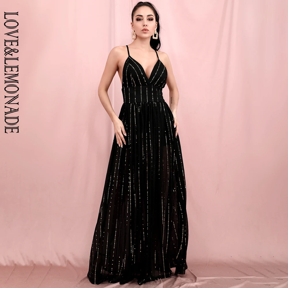 Женское платье с открытой спиной LOVE & LEMONADE длинное Сетчатое трапеция и V образным