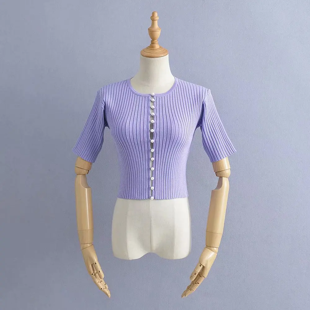

Fashion Center pearl buttons tops Retro Women T-shirt Streetwear Knitted Solid Color short tshirt women harajuku Tee