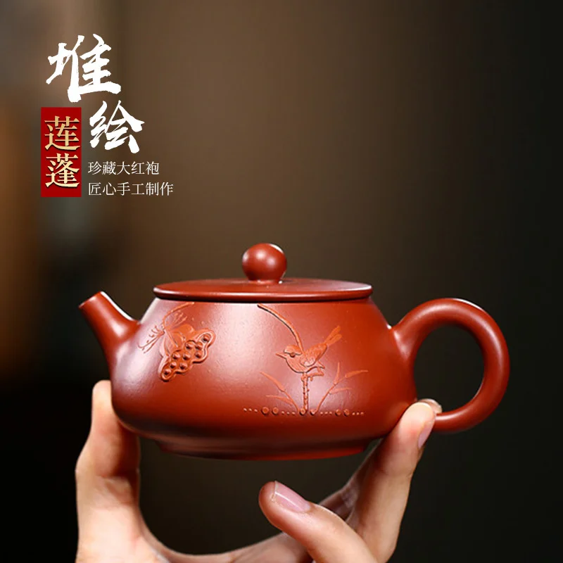 

Yixing raw mine purple clay pot famous hand-made lotus canopy heap painted large mouth stone ladle pot teapot