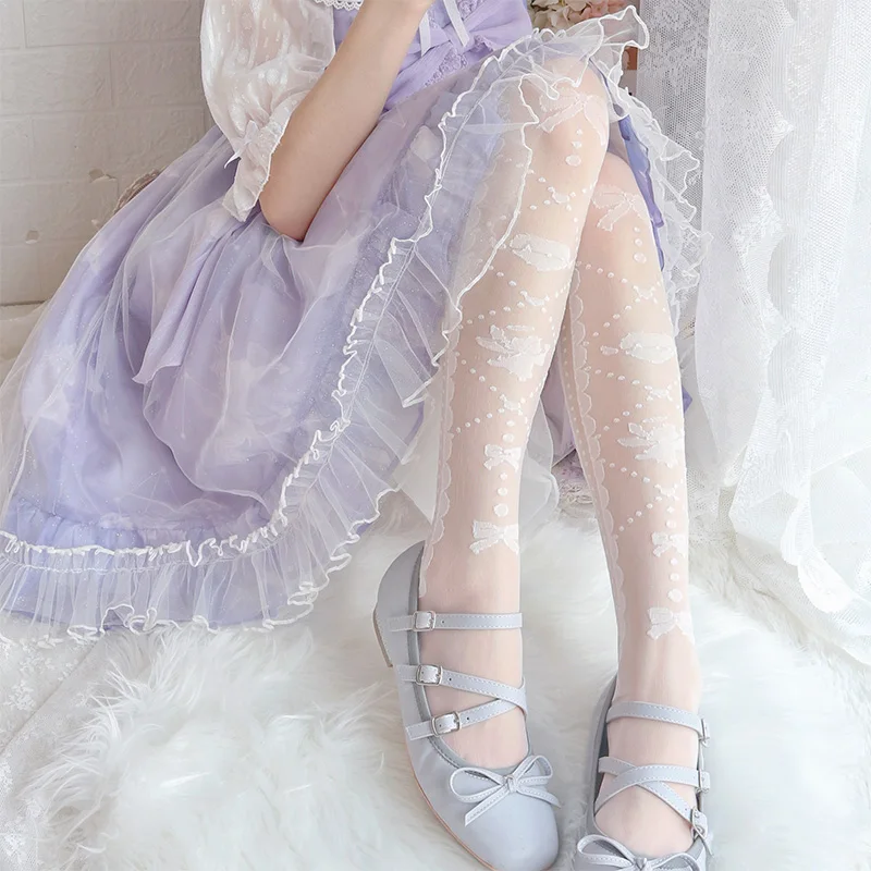 

Japanese Girly Stockings Lolita Knee Socks Summer Sweet Cute Kawaii Girl Socks Thin Cross Transparent Pantyhose Cosplay Loli