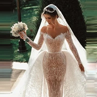 pure white wedding dresses in dubai with overskirt mermaid long sleeves sheer beaded bridal wedding dress custom made 2021