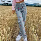 Джинсы женские с вышивкой вишни, свободные уличные брюки из денима до щиколотки, с завышенной талией, модель Y2k 90, весна-осень