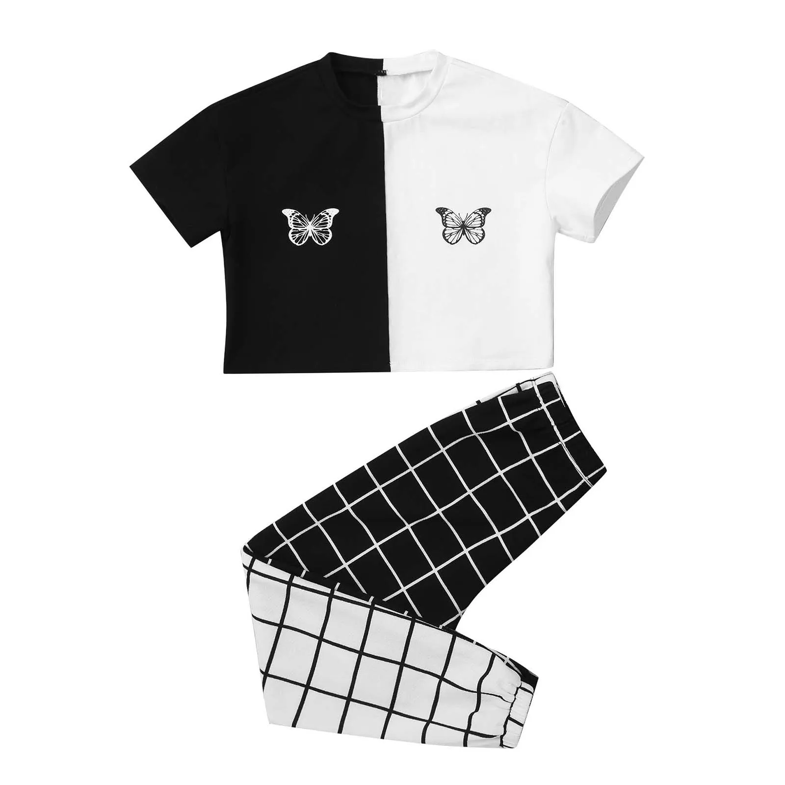 

Kids Girls Casual Outfit Clothes Short Sleeve Round Neck Butterfly Print Crop Tops with Grid Style Trousers Set Children Streetw