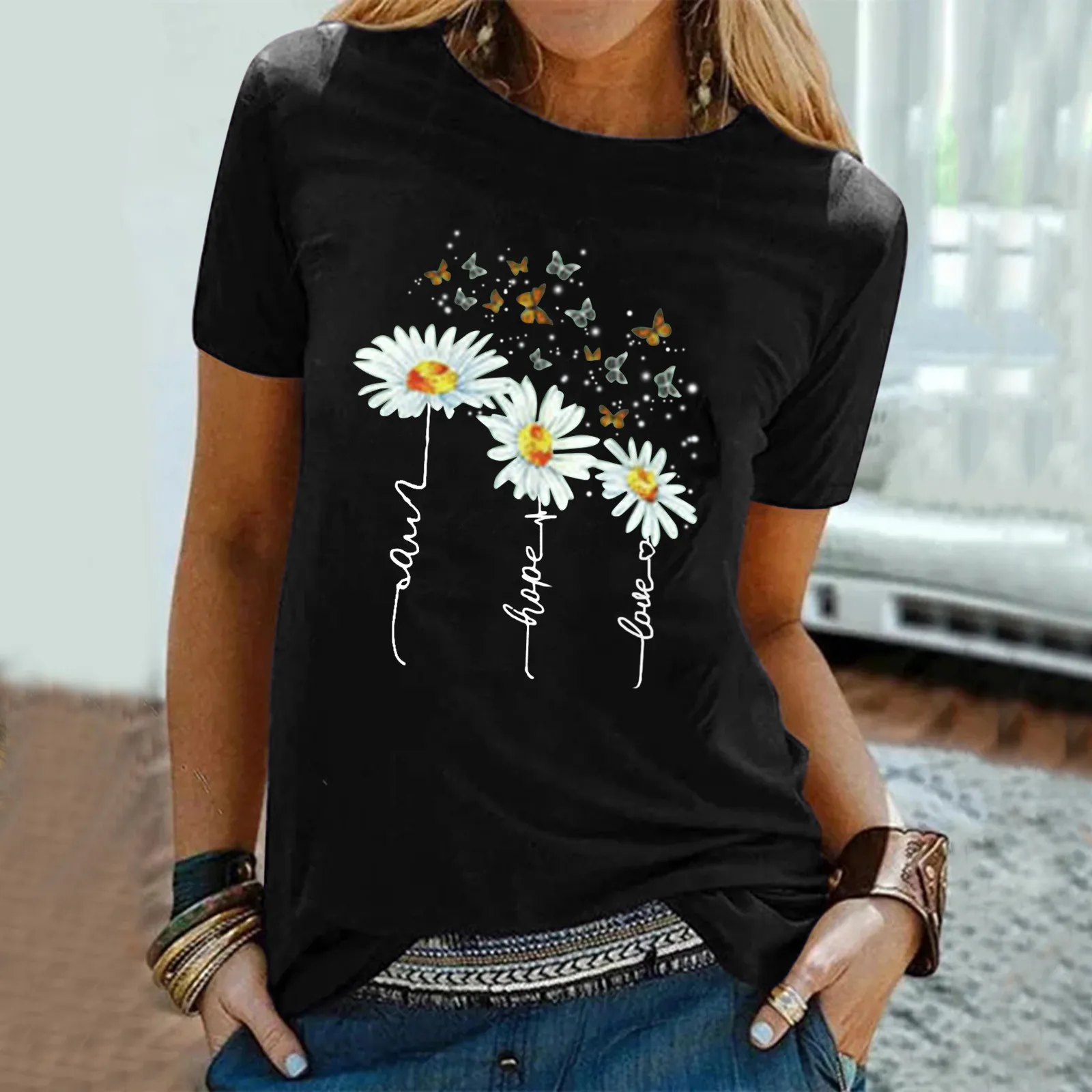 

Daisy Printing Women Blouses Casual Short Sleeves O-neck Loose Shirt Harajuku Retro Tees Tops Female T Shirt Camisetas Mujer