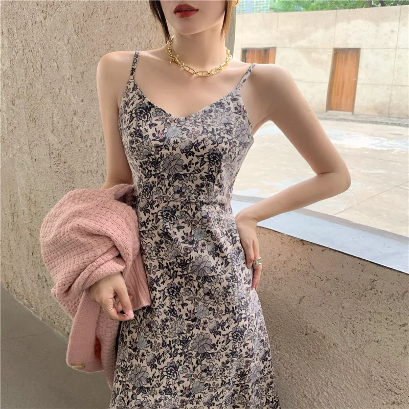 

2021 Summer New Women's Sling Dress Retro Slim Gentle Floral Women's Long Skirt