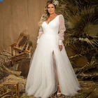 Женское свадебное платье до пола, элегантное белое Плиссированное Платье из фатина с длинным рукавом и Боковым Разрезом, 2021