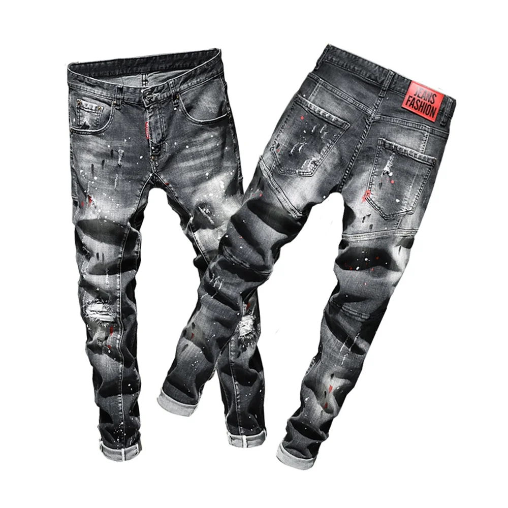 EH·MD® Ripped Hole Jeans Men's Paint Dots Ink Splattered Soft Cotton High Elastic Leather Label Black Grey Slim Pants Red Ears 2
