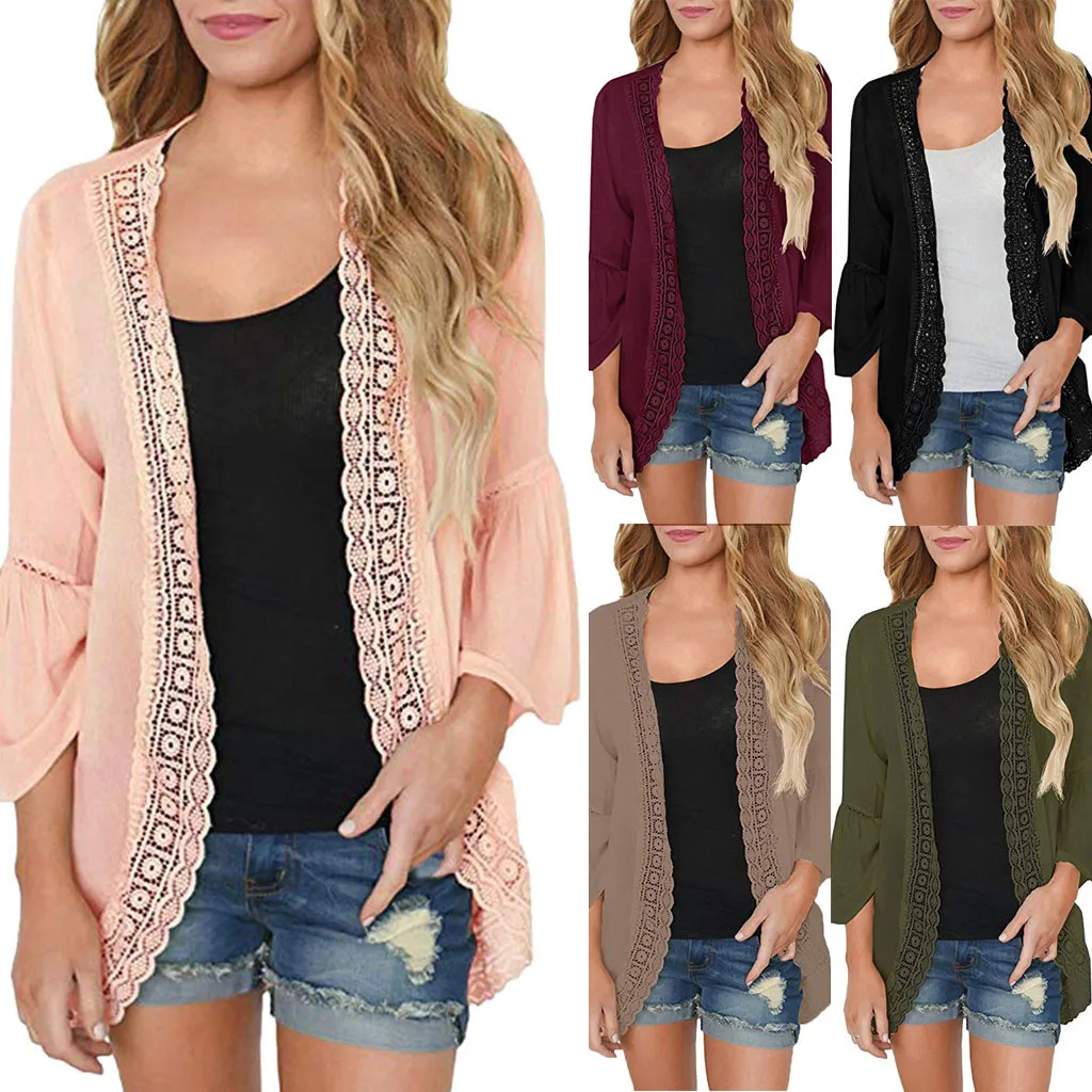 Женское кимоно кардиган однотонная блузка однотонный кружевной длинный рукав