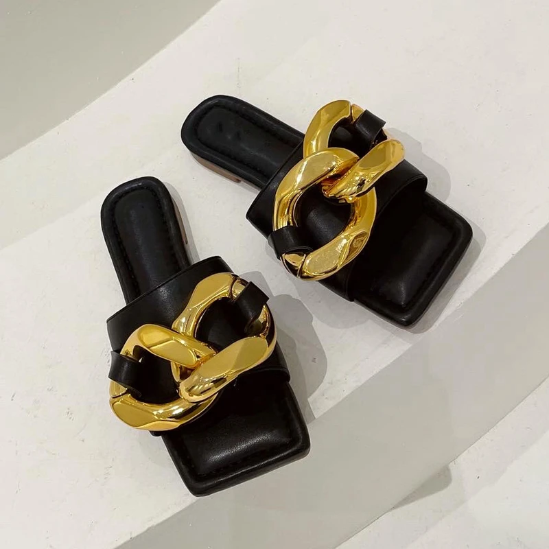 

Fashion Brand Slipper New Big Chain Buckle Summer Beach Slides Ladies Casual Outdoor Home Slipper Open Toe Flip Flop