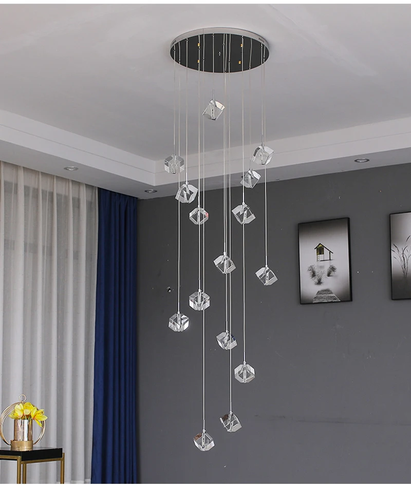 値段 現代クリスタルシャンデリア照明大ルームスパイラル階段シャンデリアリビングルームクリスタルランプ階段正方形