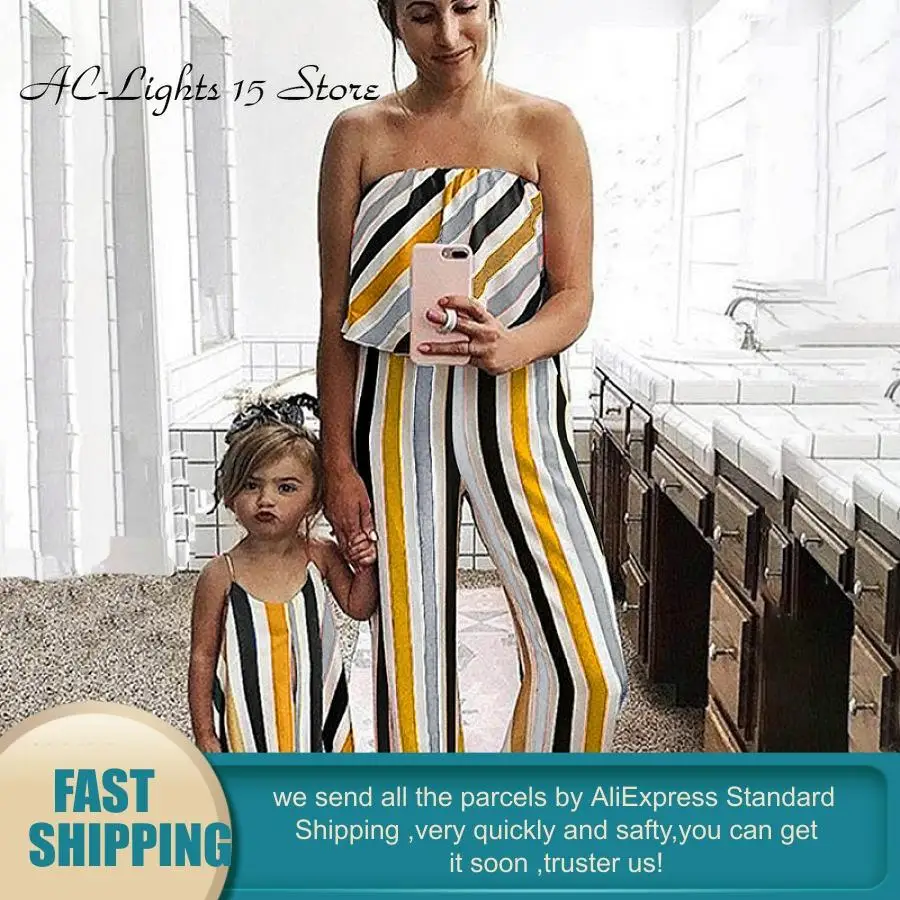 Полосатый комбинезон без рукавов для мамы и дочки Одежда Одинаковые комплекты