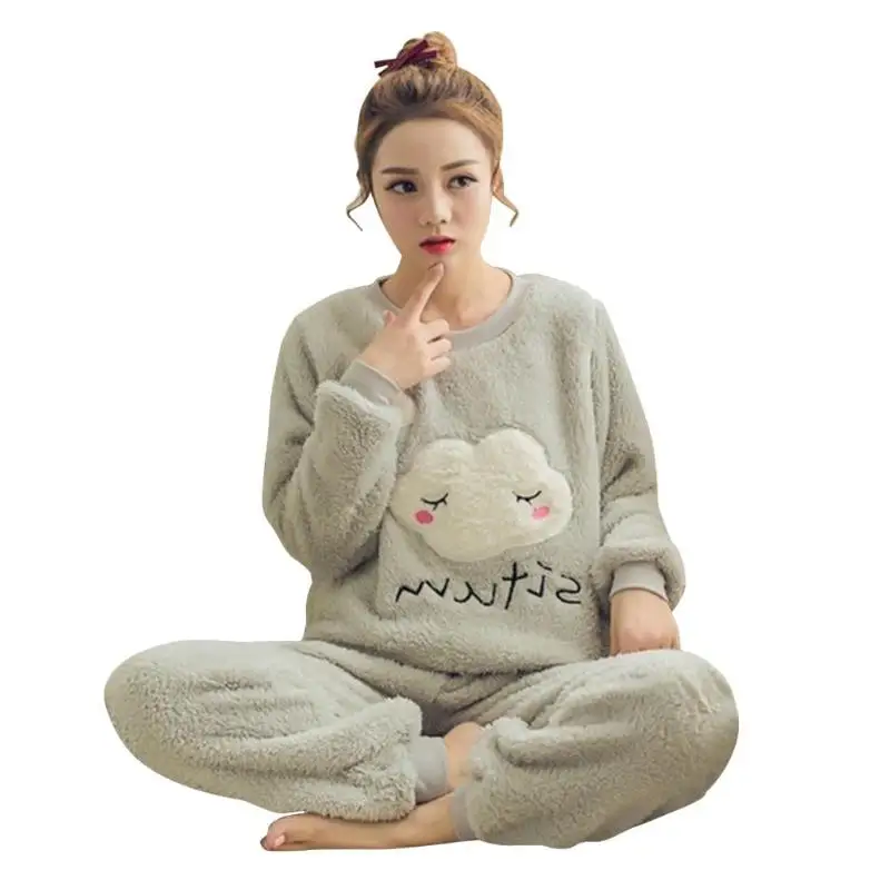 2pcs Autumn Winter Women Thin Flannel Women Pajama Set Pullover Thick Coral Velvet Long Sleeve Cartoon Homewear Dropshipping - Цвет: as picture