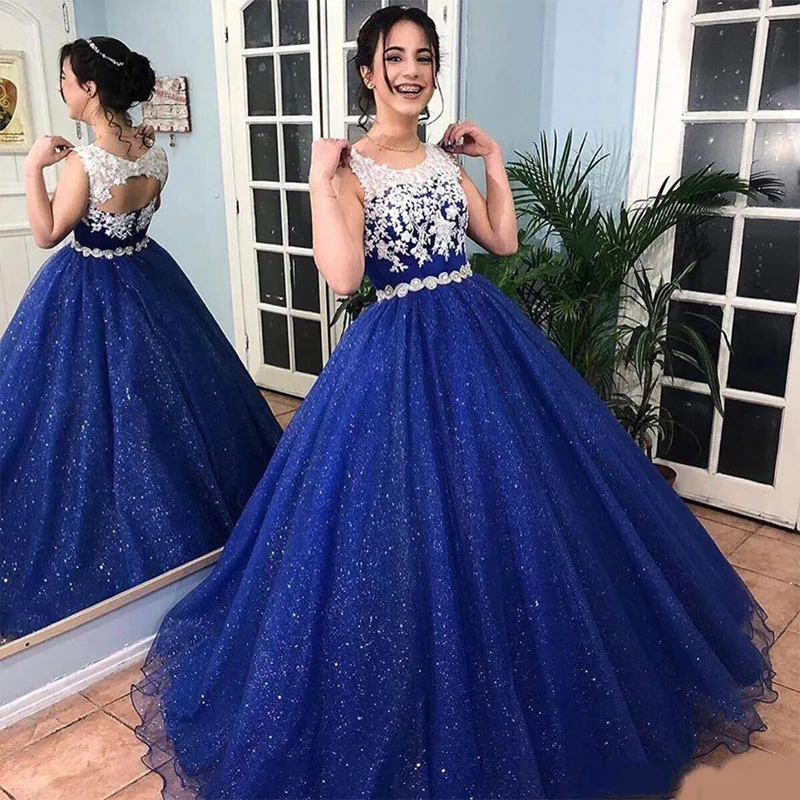 Sheer Neck Keyhole Back Applique crystals Party Evening Gown 2020 Sparkly Royal Blue White Lace Sequins Tulle Prom Quinceanera D