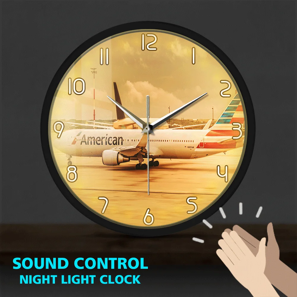 

Светящиеся Настенные часы в американском стиле, металлический каркас для самолета, современный дизайн, Звуковое управление, не тикает