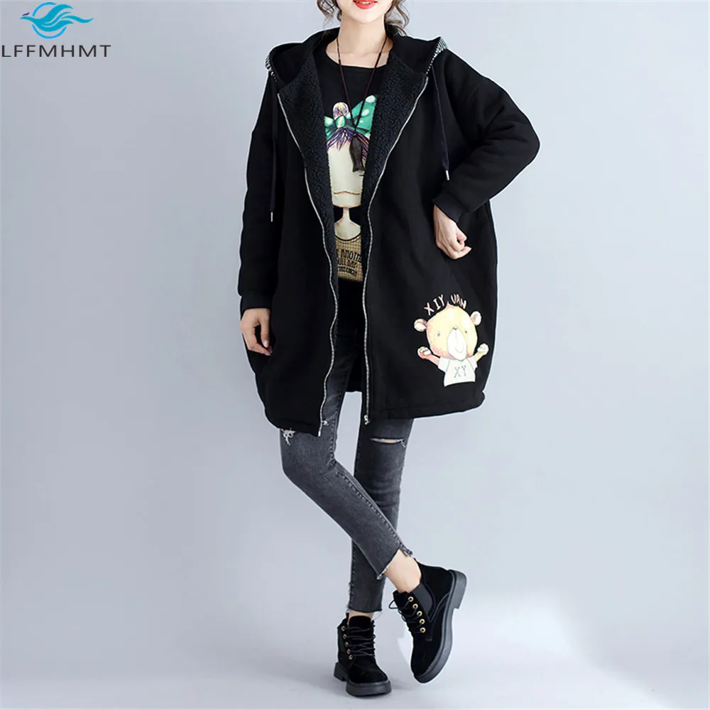 

Women Winter Fall Large Size Cartoon Print Long Sleeve Hooded Coats Office Lady Korean Style Casual Loose Fleece Thick Jackets