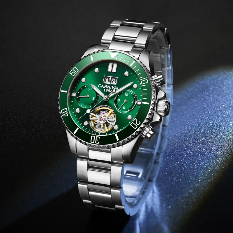 

CARNIVAL New Business Month Week Calendar Display Luminous Pointer Tourbillon Men Mechanical Wristwatches Watch Zegarek Męski