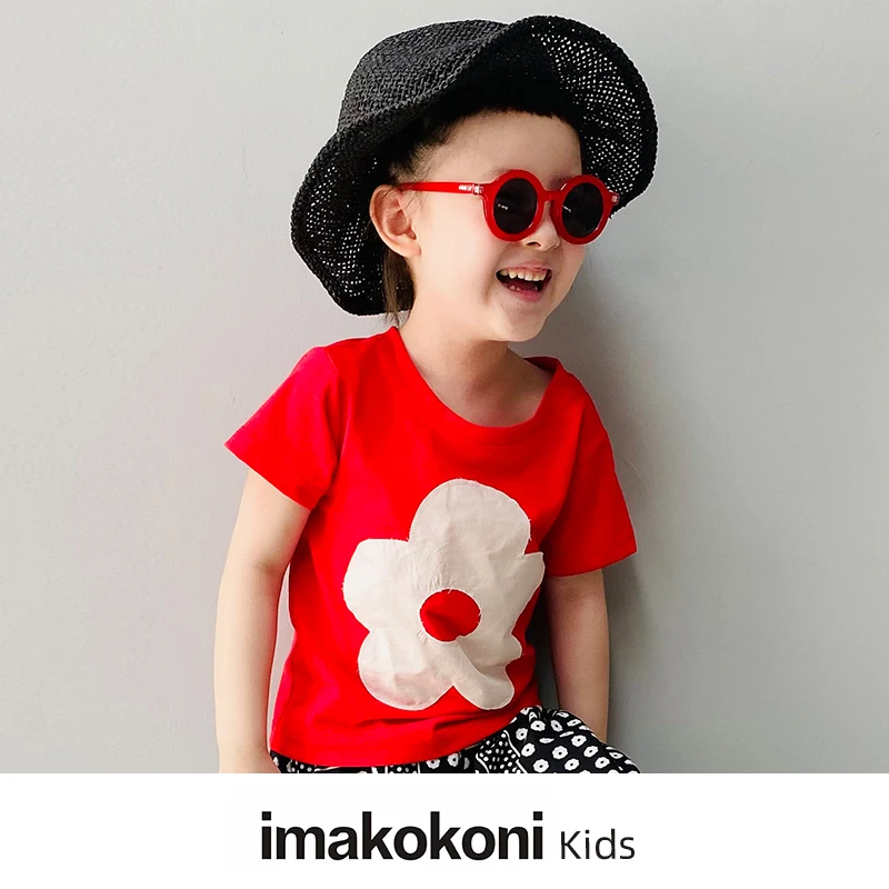 

imakokoni original black round neck flowers wild short-sleeved T-shirt tops children's clothing summer girls new 21649