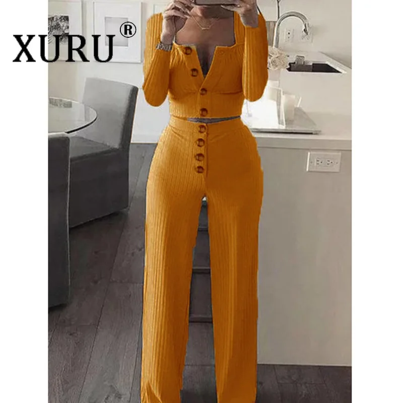 

XURU Long Sleeve Slim Button Casual Jumpsuit Set 2020 Spring New Women Jumpsuit