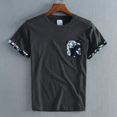 

Chest print pocket short-sleeved T-shirt men's summer round neck casual cotton t-shirt top Slim half sleeves tide