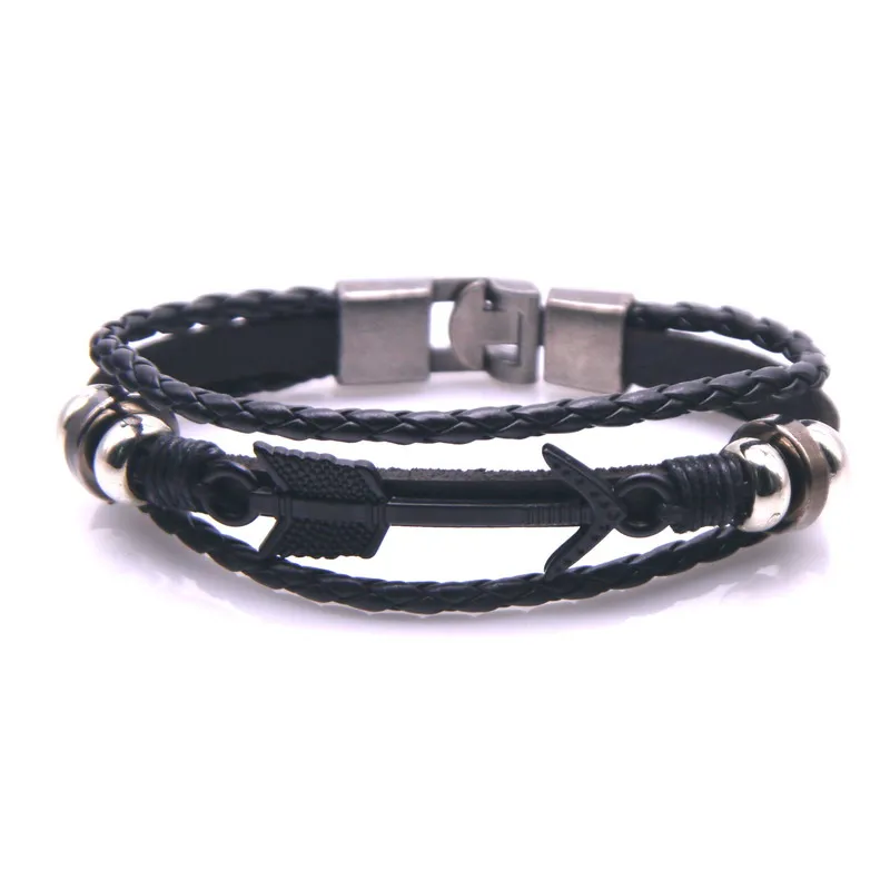 Браслет из 2020 кожи винтажный черный серебристый с якорем многослойный амулет для