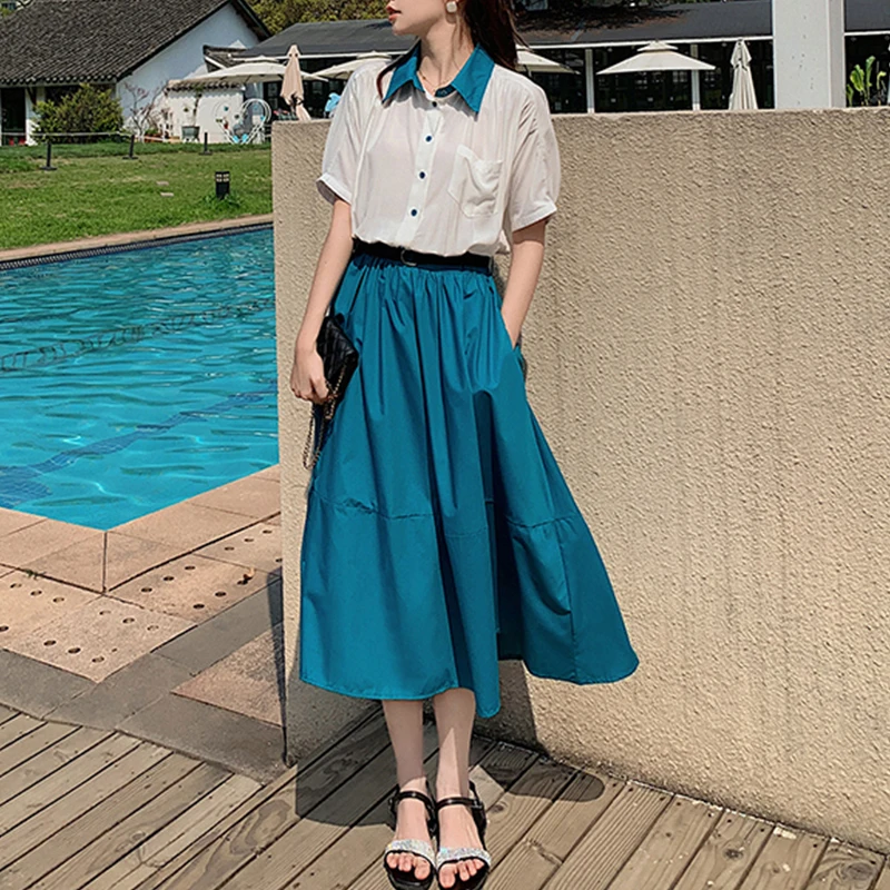 

Elegant Fake Two Pieces Dress Women Casual Button Solid Elegant Midi Dress Females Design Korean Style Short Sleeve 2021 Summer