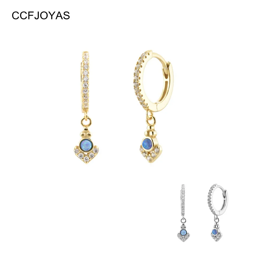 

CCFJOYAS 925 Sterling Silver Geometric Blue Opal Hoop Earrings for Women European and American 8.5mm Small Hoop Earrings Jewelry