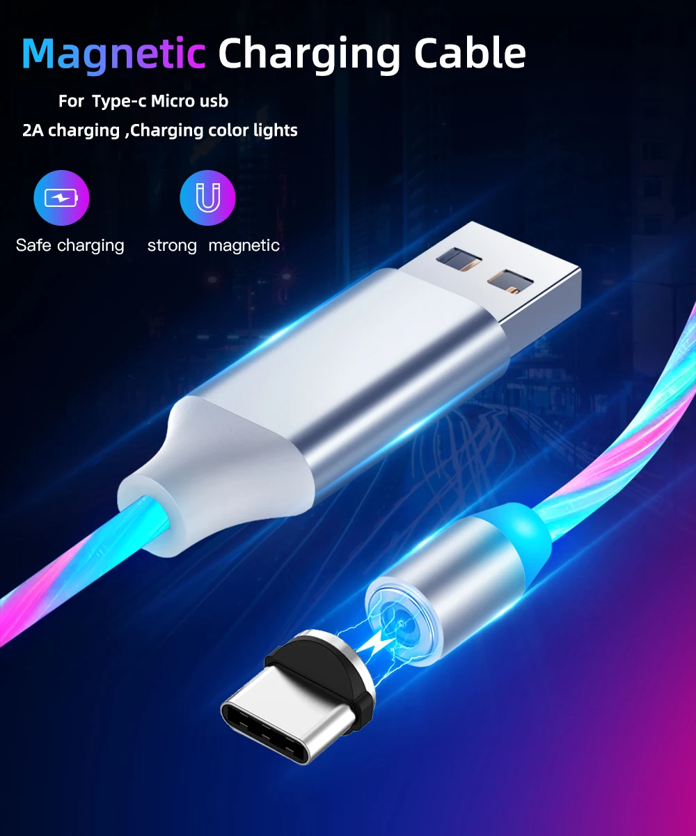 Магнитный светодиодный кабель для быстрой зарядки, магнитный кабель Micro usb type C, светодиодный шнур, зарядное устройство type-C для samsung S10 Hauwei