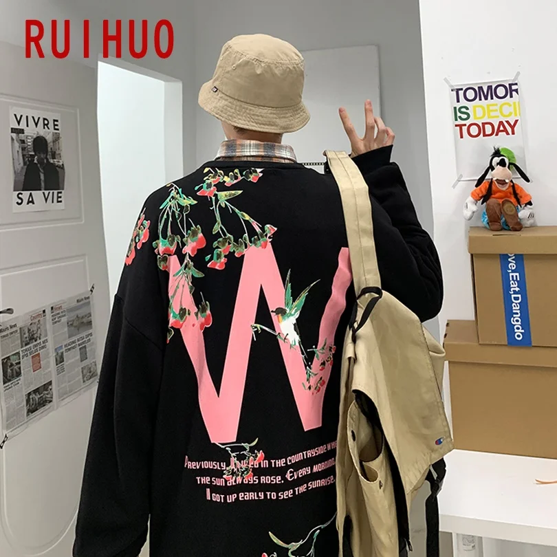 

RUIHUO Floral Pullover Sweatshirt Men Clothing Japanese Streetwear Men's Sweatshirt Korean Fashion M-5XL 2021 New